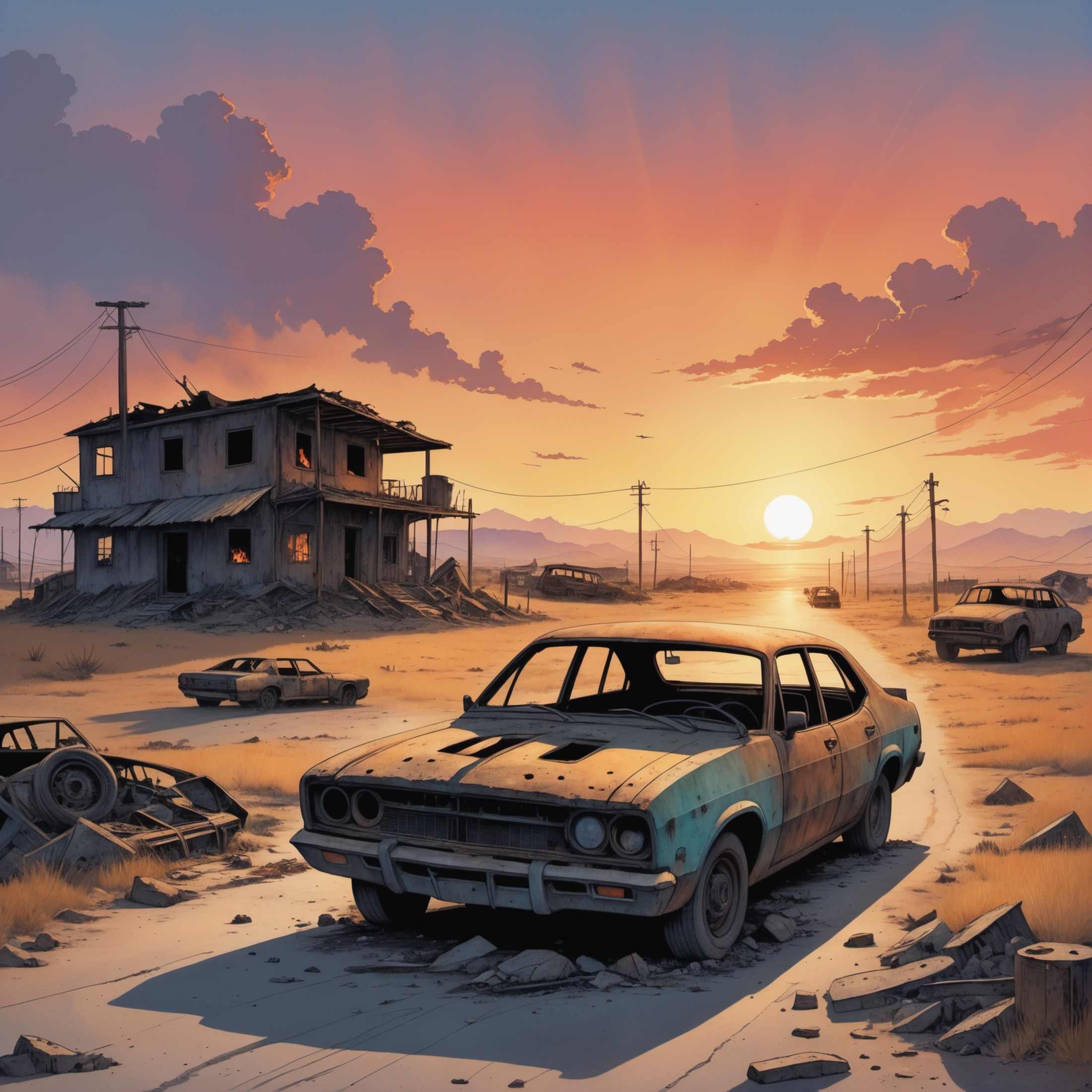 comic post-apocalyptic sunset at the end of the world of the new dawn, burned out car in the front aquarelle drawing . gra...